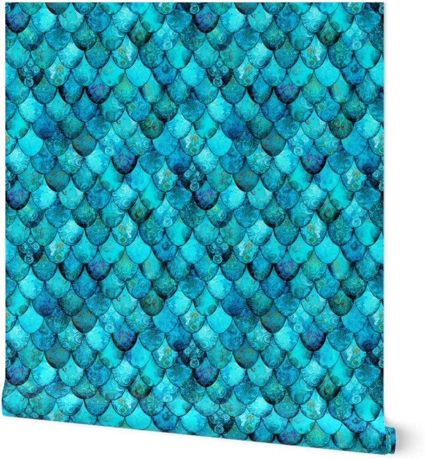 Spoonflower Peel & Stick Wallpaper Swatch - Aqua Turquoise Mermaid Dragon Scales Scallop Fish Scale Custom Removable Wallpaper