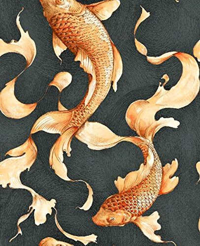 Seabrook Wallpaper Designer Golden Orange Koi Fish on Black Faux