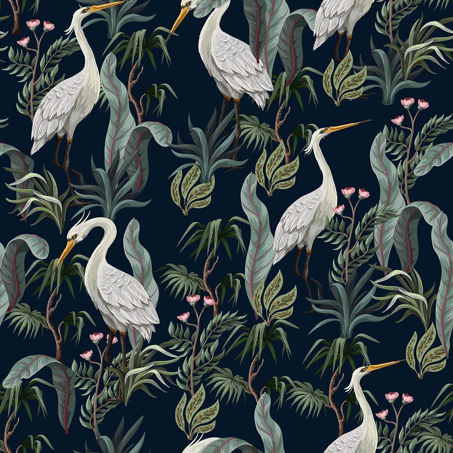 Navy White Crane Peel and Stick Wallpaper Removable Dark Green Botanical Wallpaper Self Adhesive 17.5in X 10ft Decorative Contact Paper Peel & Stick Wall Mural Vintage Wall Paper Roll