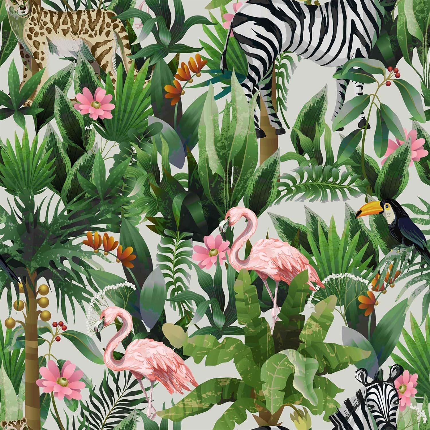 Abyssaly Tropical Forest Peel and Stick Wallpaper, Jungle Animal Removable Contact Paper, Vinyl Self Adhesive Wallpaper for Bathroom Bedroom Light/Green/Pink 17.7 inches x 118 inches