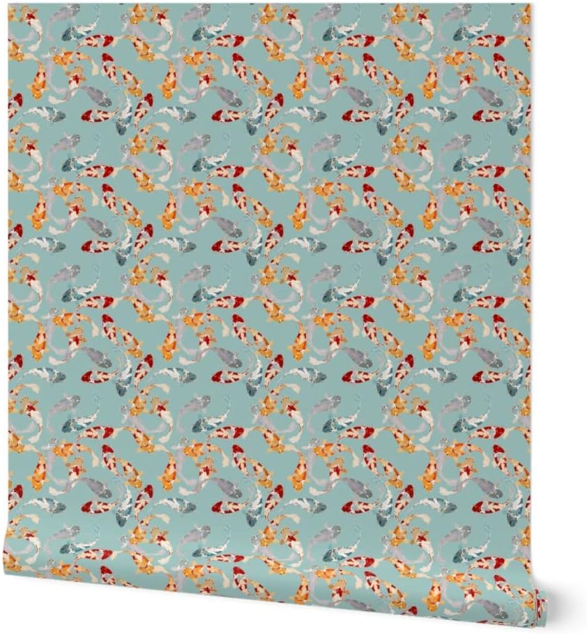 Spoonflower Peel & Stick Wallpaper Swatch - Japanese Koi Fish Ornamental Carp Orange Blue Pond Asian Aqua Custom Removable Wallpaper