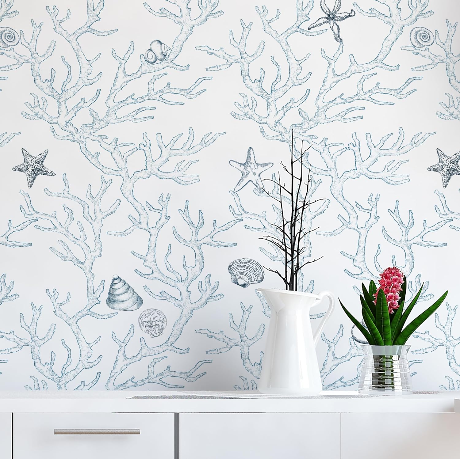 Peel and Stick Wallpaper White and Light Blue Contact Paper Coral Wallpaper Coral/Seashell/Starfish Contact Paper Removable Wallpaper for Kids Room Walls 17.3X 118