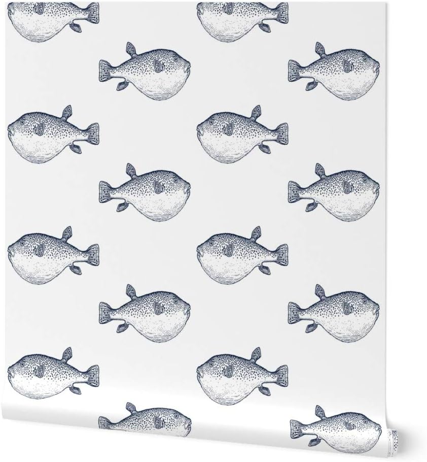 Spoonflower Peel & Stick Wallpaper Swatch - Navy Fish White Blowfish Pufferfish Beach Custom Removable Wallpaper