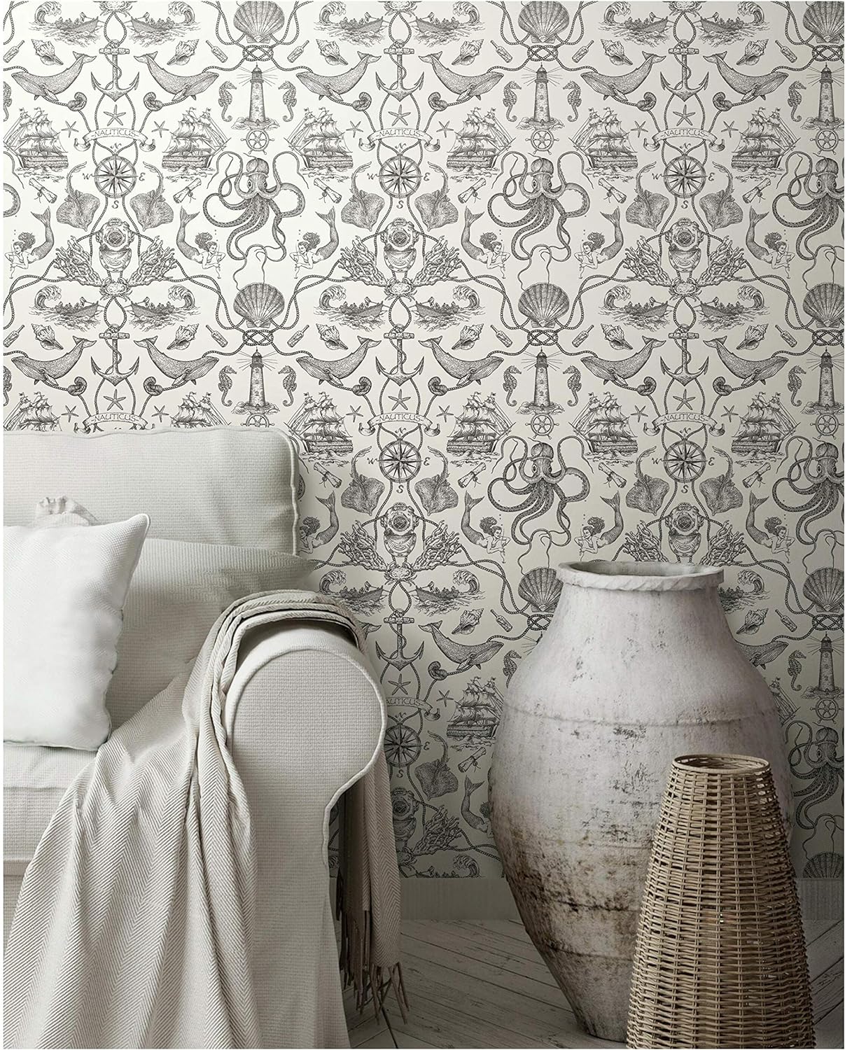 RoomMates RMK12001WP Black and White Deep Sea Toile Peel and Stick Wallpaper