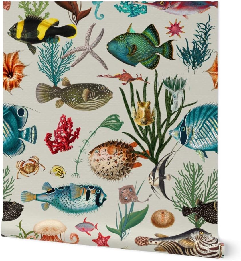 Spoonflower Peel & Stick Wallpaper 9ft x 2ft - Beige Ocean Sea Creatures Fish Tropical Underwater Coral Custom Removable Wallpaper