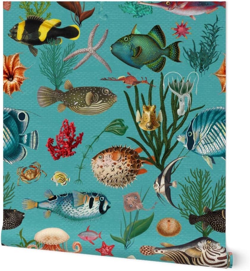 Spoonflower Peel & Stick Wallpaper Swatch - Fish Underwater Teal Blue Animals Custom Removable Wallpaper