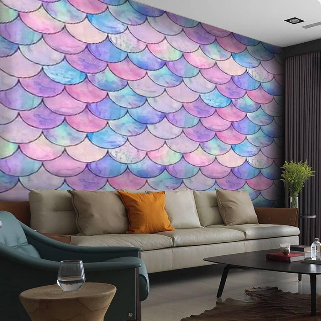 Mermaid fish scale wave japanese magic seamless pattern Watercolor PVC Wallpaper Removable Self-Adhesive Contact Paper Peel and Stick Waterproof Wallpaper Indoor Decoration Living Room TV Backdrop