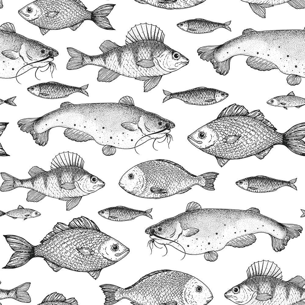 18x236Line-Drawing Black and White Tropical Ocean Fish Peel and Stick Self Adhesive Wallpaper Removable Stick on Easy Peel Off Wall Paper for Kitchen Bedroom Bathroom Renter