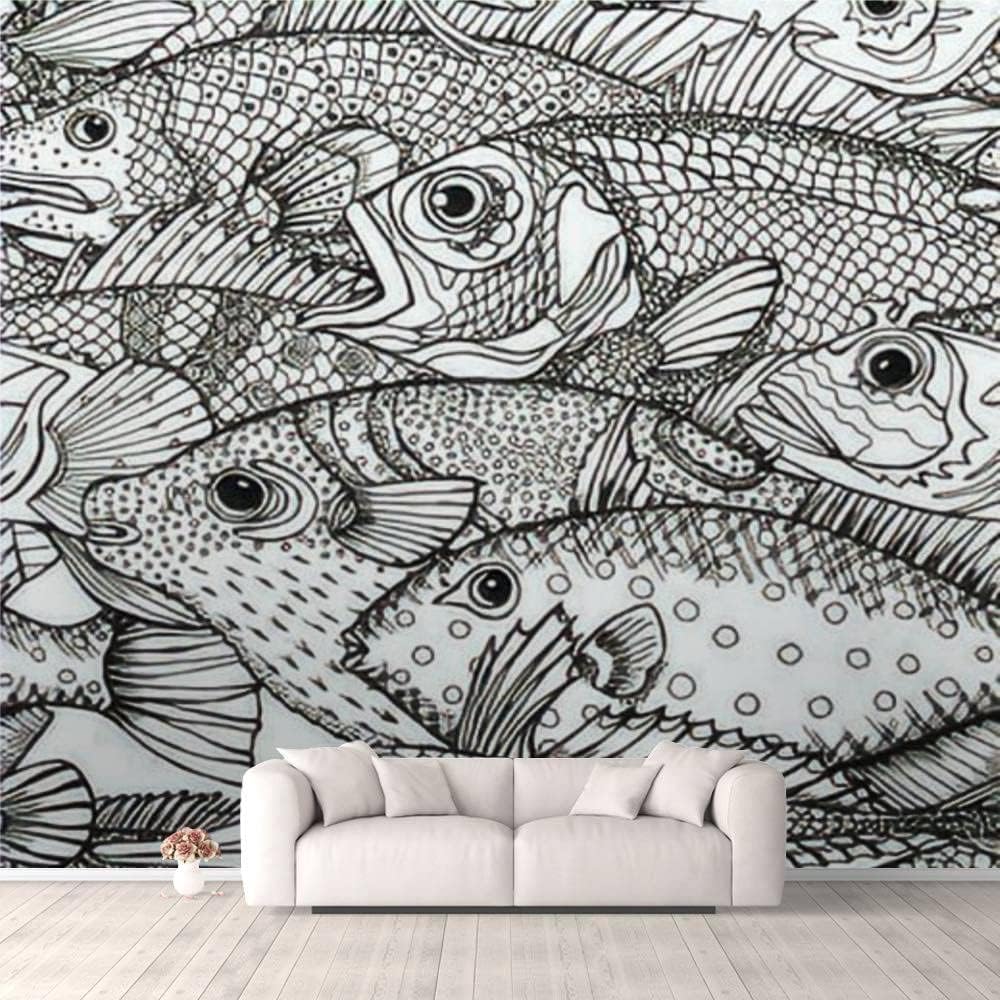 Seamless with Image of Different Fish Black and White PVC Wallpaper Removable Self-Adhesive Contact Paper Peel and Stick Waterproof Wallpaper Indoor Decoration Living Room TV Backdrop