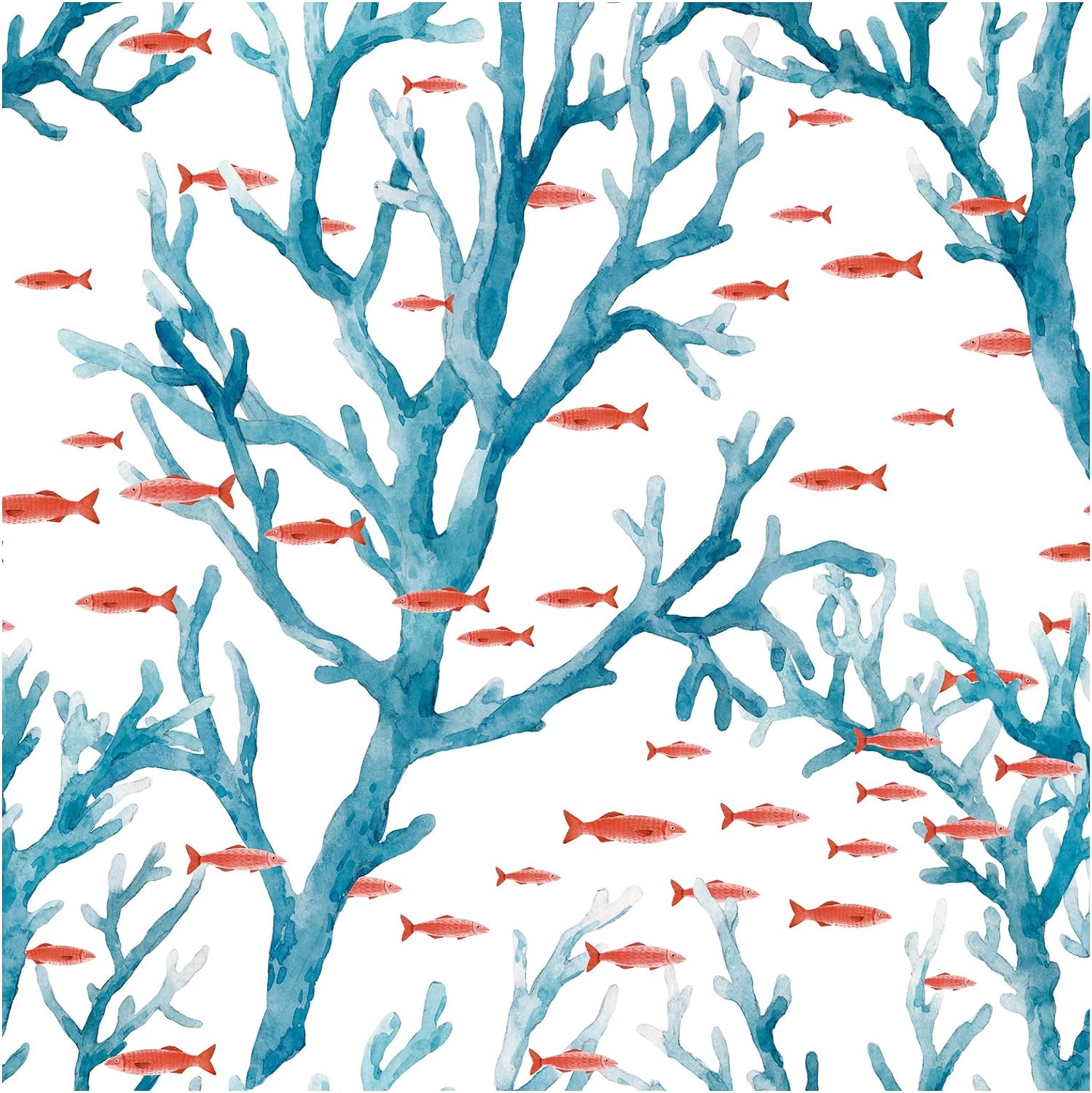 HAOKHOME 96104 Modern Peel and Stick Wallpaper Underwater Coral & Fish White/Navy/Red Removable Vinyl Self Adhesive Mural 17.7in x 9.8ft