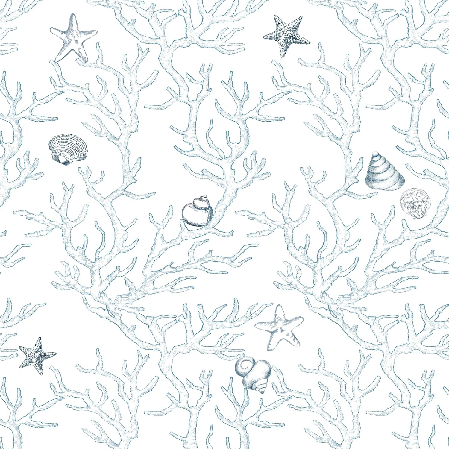 WENMER Floral Wallpaper Peel and Stick 17.3 X 118 White and Light Blue Coral Wallpaper Coral Seashell Starfish Contact Paper Self Adhesive Removable Ocean Coastal Wallpaper for Bathroom Kids Room