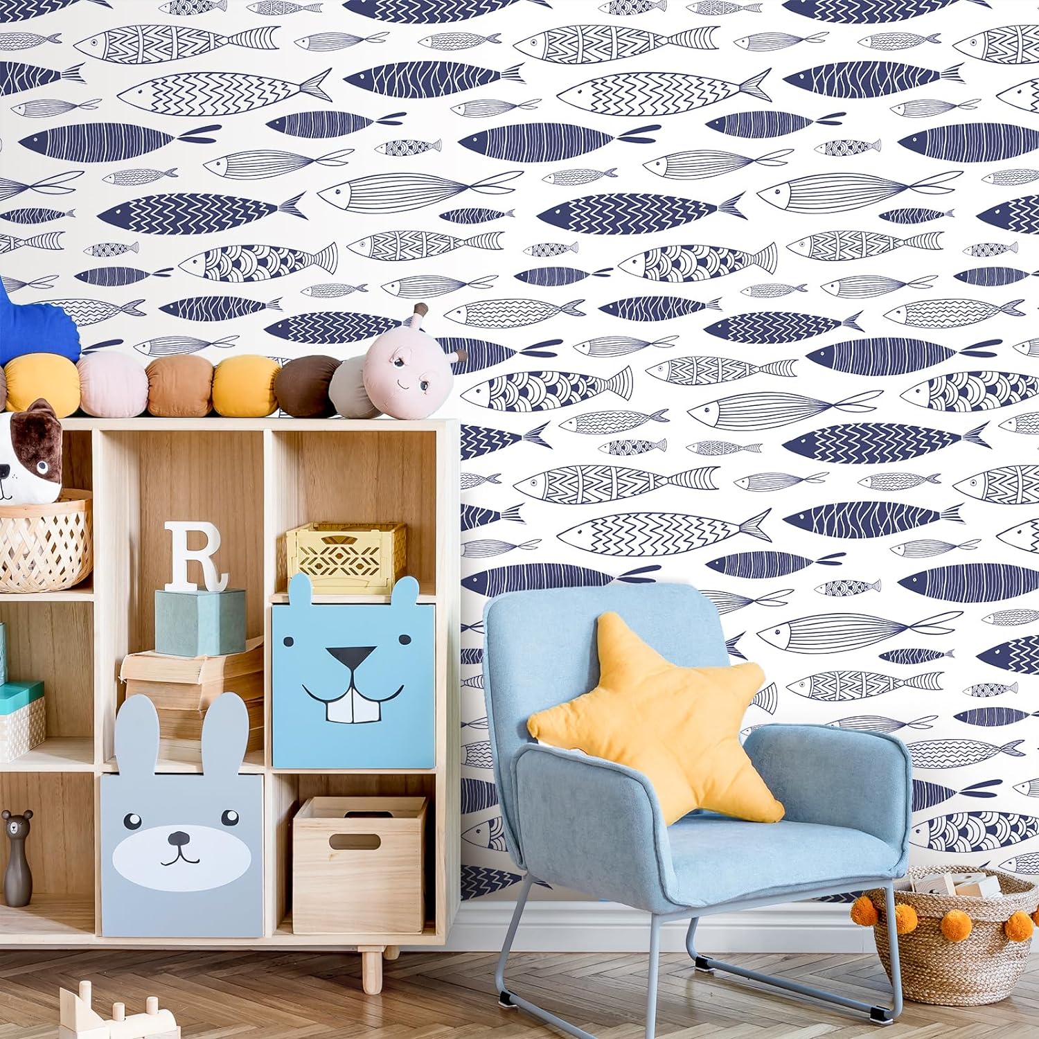 CRE8TIVE 24x118 Blue Peel and Stick Wallpaper Abstract Coastal Fish Removable Wallpaper Ocean Animal Blue Contact Paper Waterproof Self Adhesive Wall Mural for Kids Bedroom Bathroom Nursery Cabinets