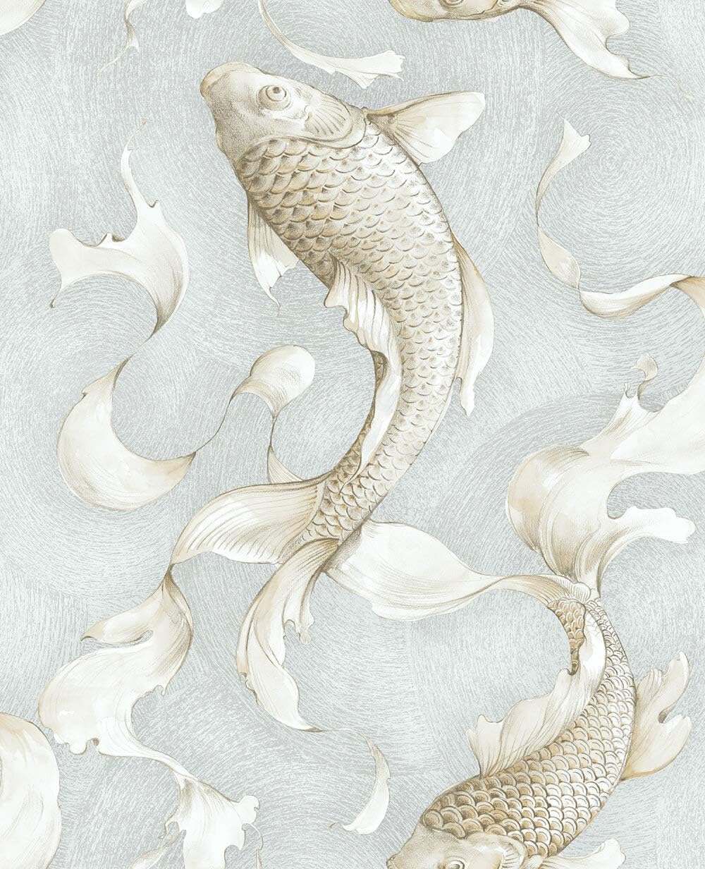 Riverside, Koi Fish 18' x 20.5 Peel & Stick Wallpaper Roll, Metallic Champagne & Gray