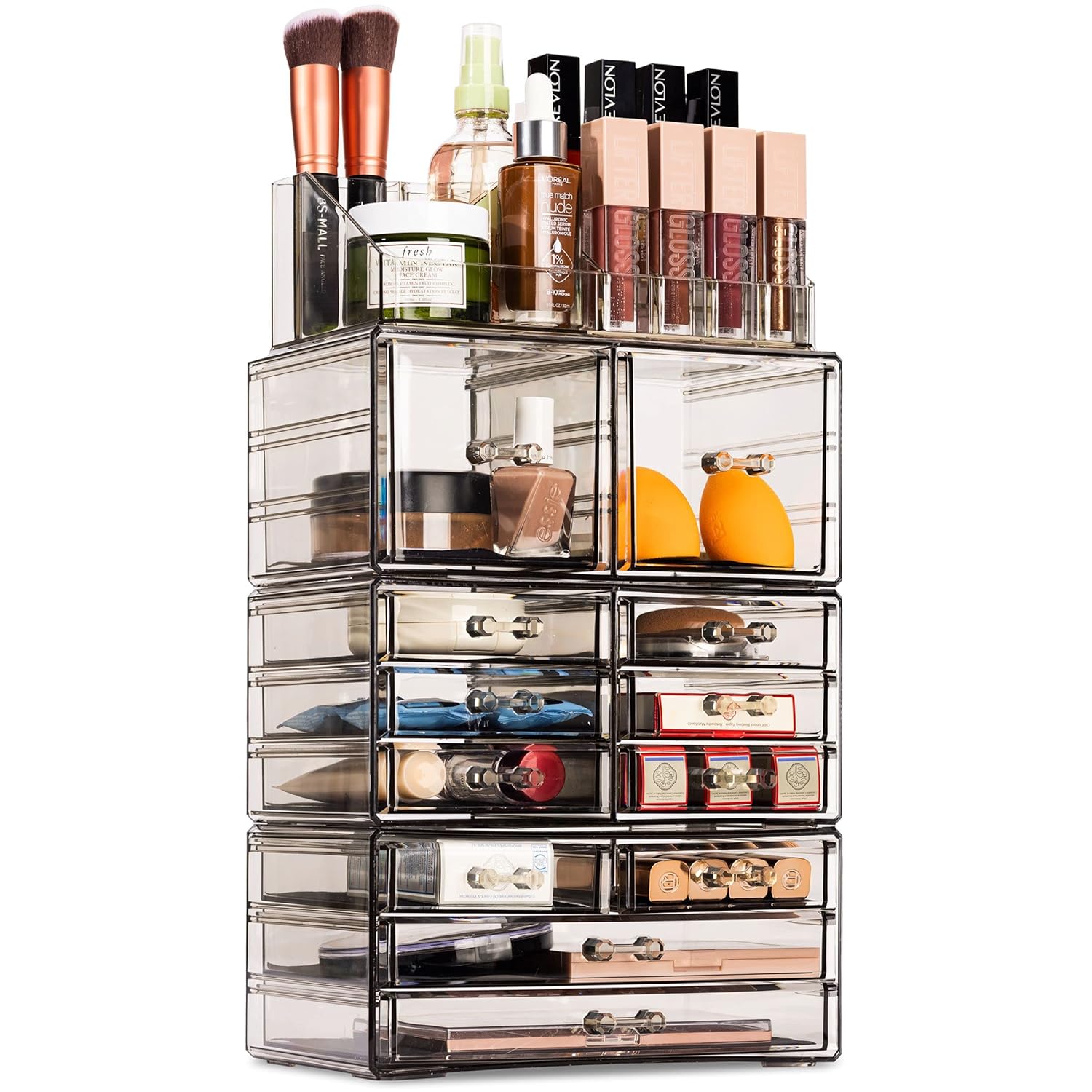 Sorbus Large Makeup Organizer - Clear Stackable Jewelry & Makeup Organizer For Vanity, Bathroom Storage, Dresser - 12 Drawers Cosmetic Beauty Organizers and Storage with Lipstick, Makeup Brush Holder