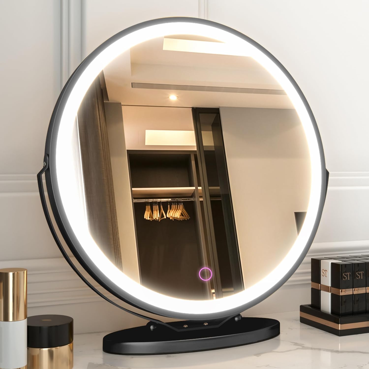 LVSOMT 20 Vanity Makeup Mirror with Lights, 3 Color Lighting Dimmable LED Mirror, Touch Control, 360Rotation, High-Definition Large Round Lighted Up Mirror for Bedroom Table Desk (Black)