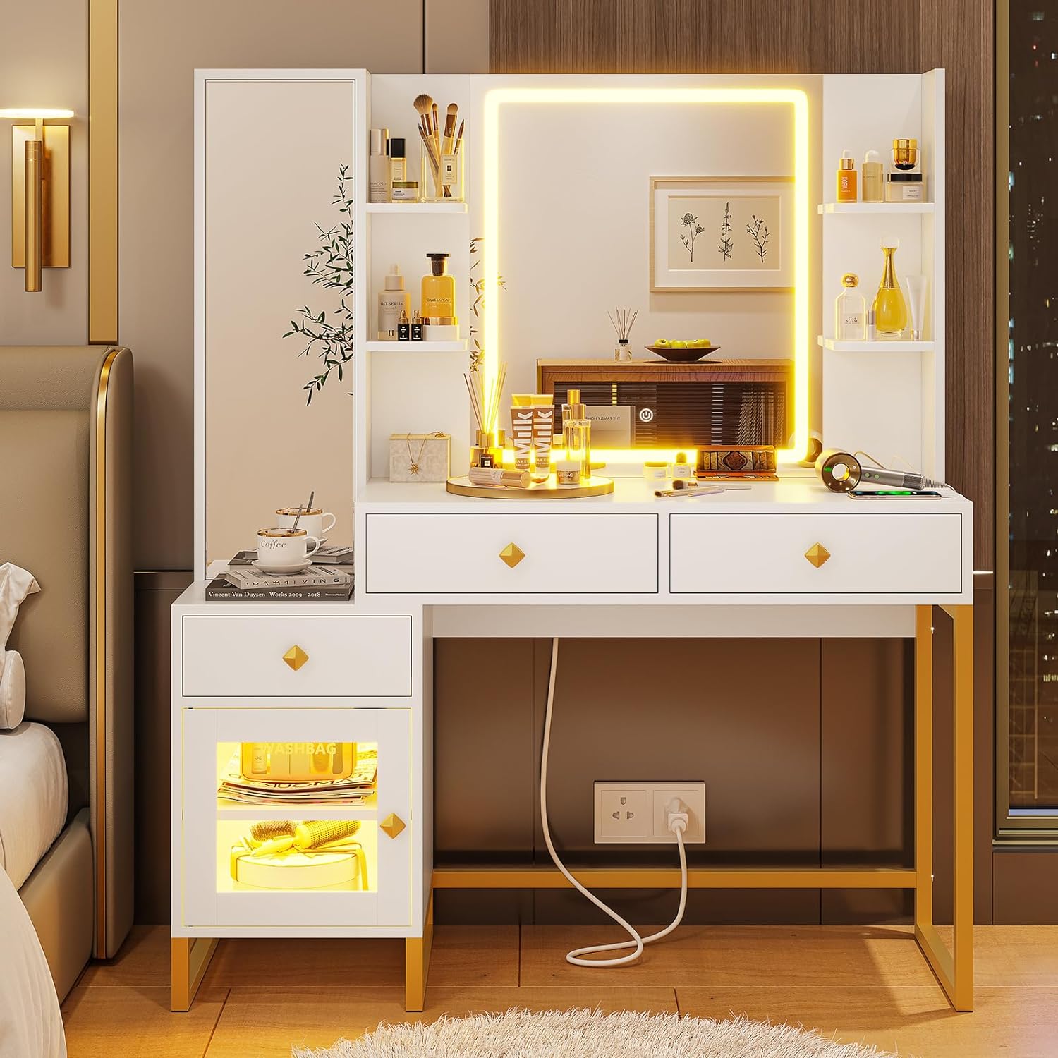 Vanity Desk with Jewelry Armoire & Lighted Mirror, Makeup Vanity with Lights & Charging Station & Full Length Mirror, Vanity Table with Drawers & Shelves & RGB Cabinet, White and Gold