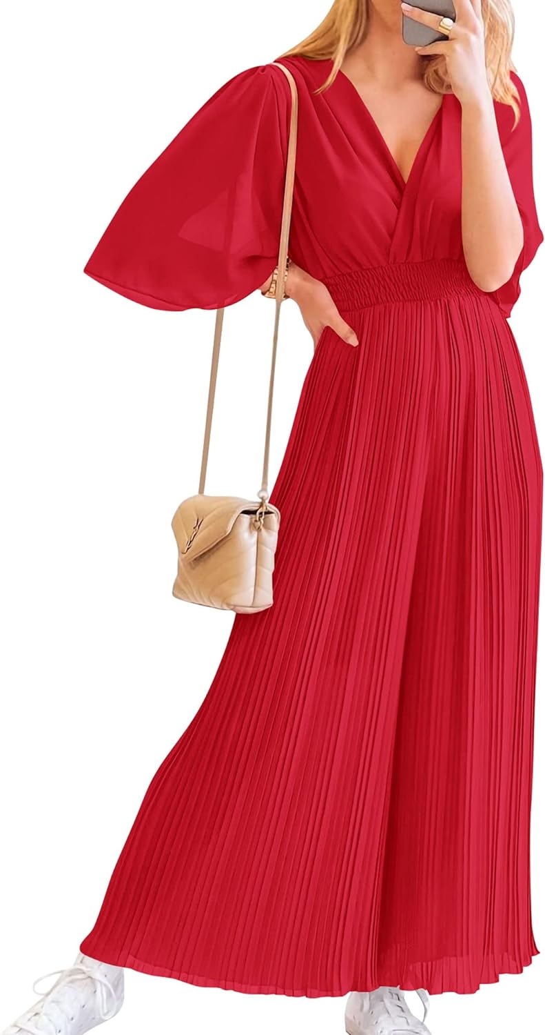 BTFBM Women Chiffon Wrap V Neck Summer Jumpsuit Spring Mesh Half Sleeve Elastic Waist Pleated Wide Leg Long Pants Romper