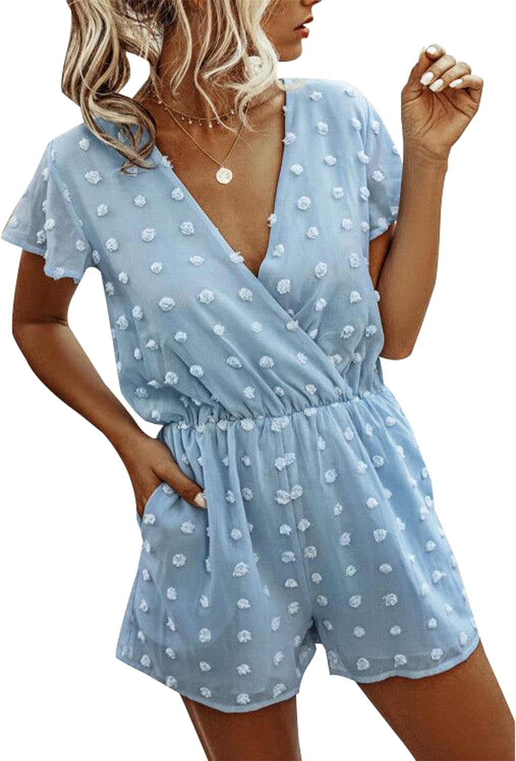 BTFBM Women 2024 Summer Fashion V Neck Wrap Rompers Swiss Dot Pocketed Elastic Waist Short Sleeve Beach Shorts Jumpsuit