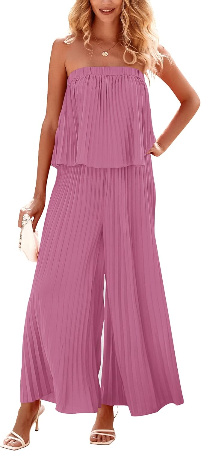 BTFBM Women Off Shoulder Summer Rompers 2024 Strapless Pleated Wide Leg Palazzo Pants Jumpsuit Casual One Piece Outfits