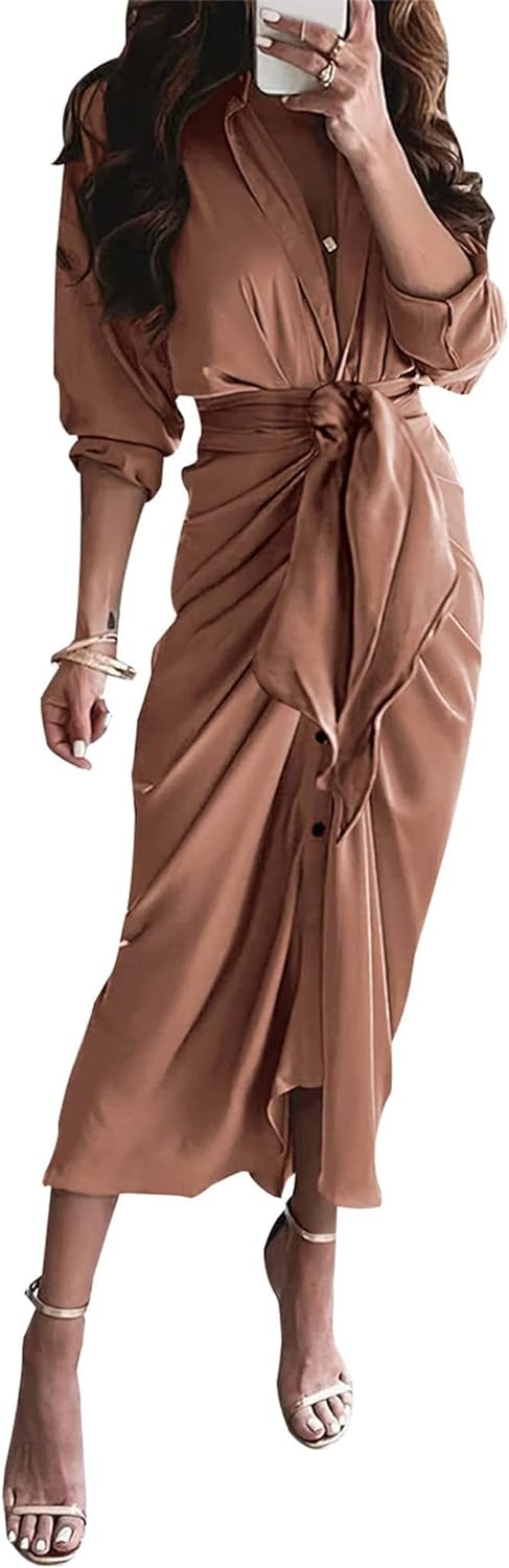 BTFBM Women Long Sleeve Satin Dress 2024 Spring Summer Lapel V Neck Button Down Belted Elegant Ruched Maxi Shirt Dresses