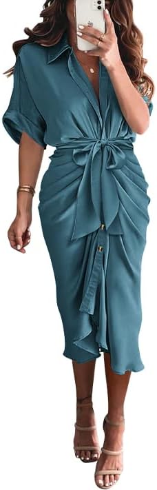 BTFBM Women 2024 Button Down Ruched Shirt Dresses Short Sleeve Lapel V Neck Elegant Party Spring Summer Maxi Satin Dress