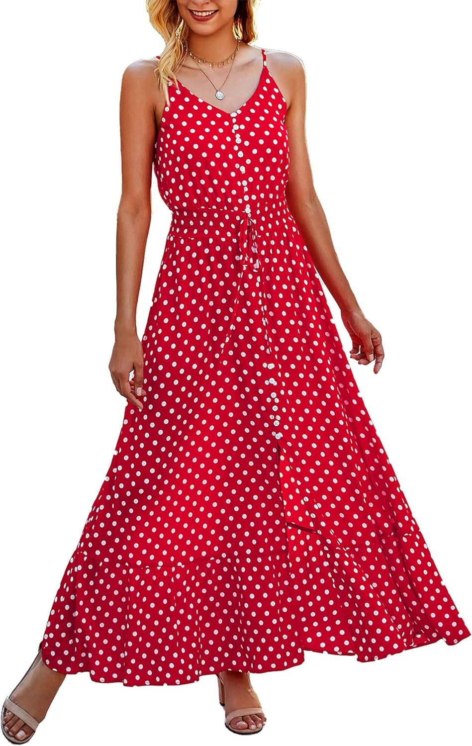 BTFBM Women 2024 Summer Spaghetti Strap V Neck Dress Polka Dot Floral Button Down Slit Sleeveless A-Line Maxi Dresses