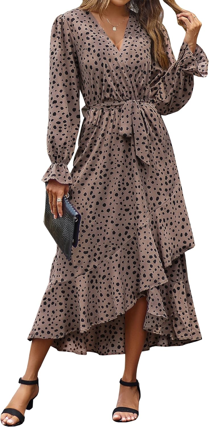 BTFBM Women Long Sleeve Wrap Maxi Dress V Neck Boho Floral High Waist Flowy Ruffle 2024 Spring Summer Dresses with Belt