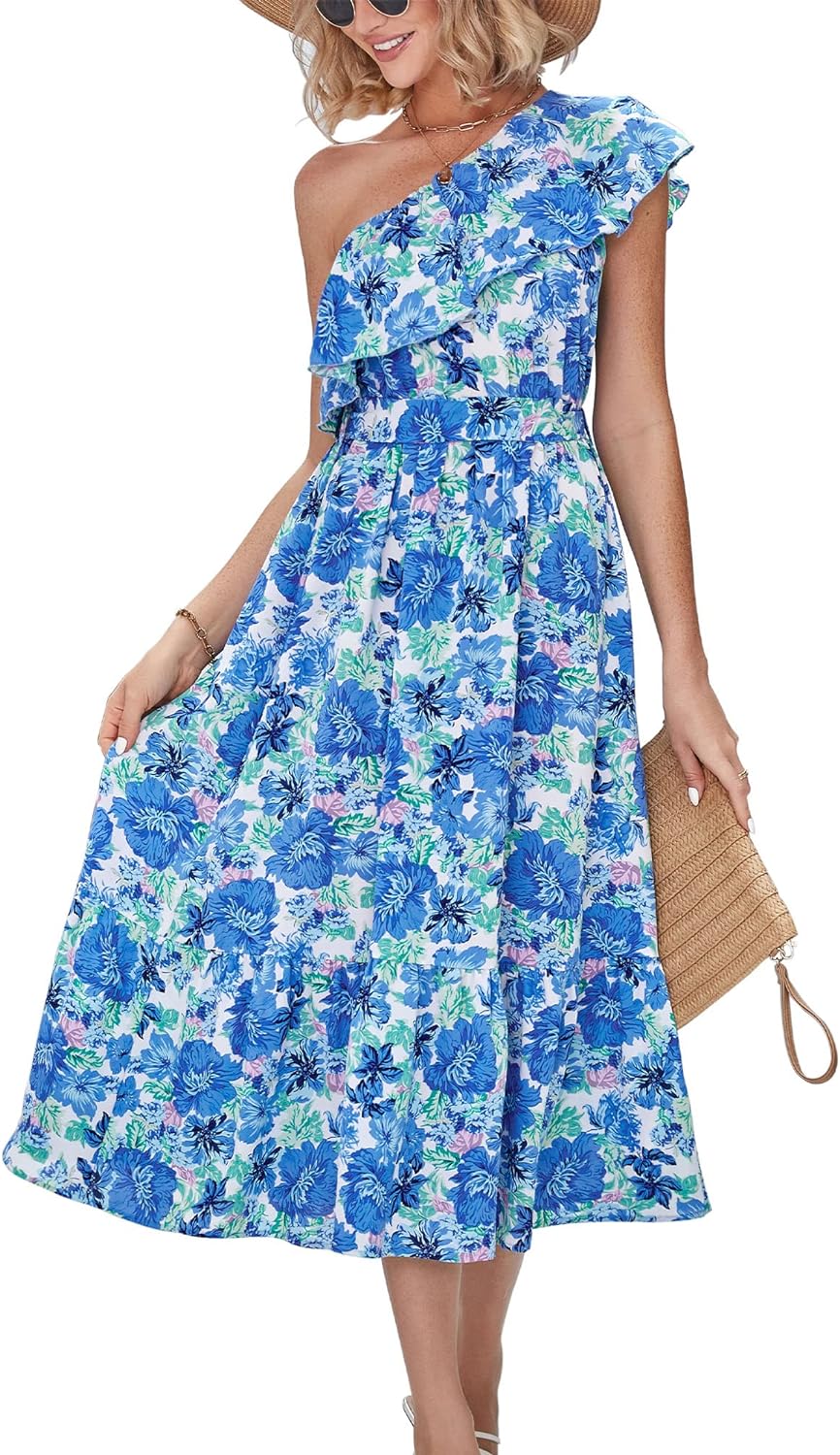 BTFBM Women' One Shoulder Maxi Dress Sleeveless Casual Summer Layered Ruffle Boho Floral Print Party Beach A-Line Dresses