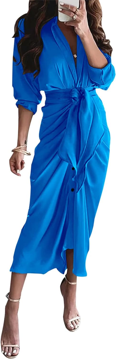 BTFBM Women Long Sleeve Satin Dress 2024 Spring Summer Lapel V Neck Button Down Belted Elegant Ruched Maxi Shirt Dresses