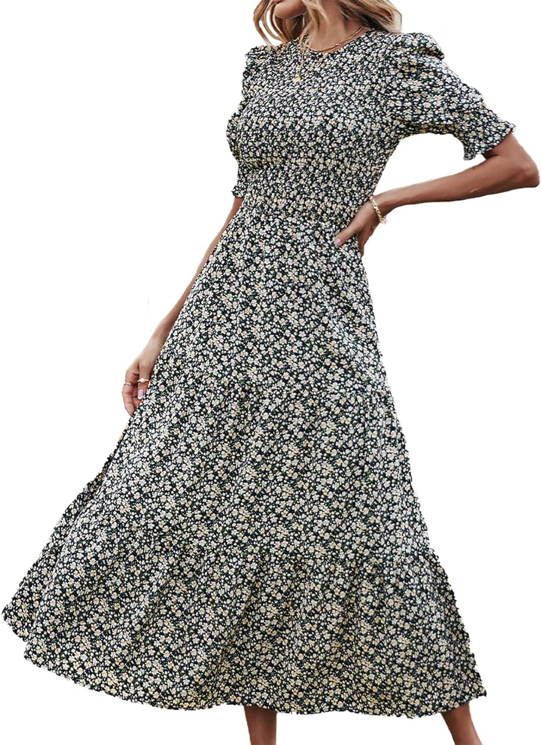 BTFBM Women Casual Summer Dresses 2024 Spring Crew Neck Ruffle Short Sleeve Floral Print Smocked Boho Flowy Maxi Dress