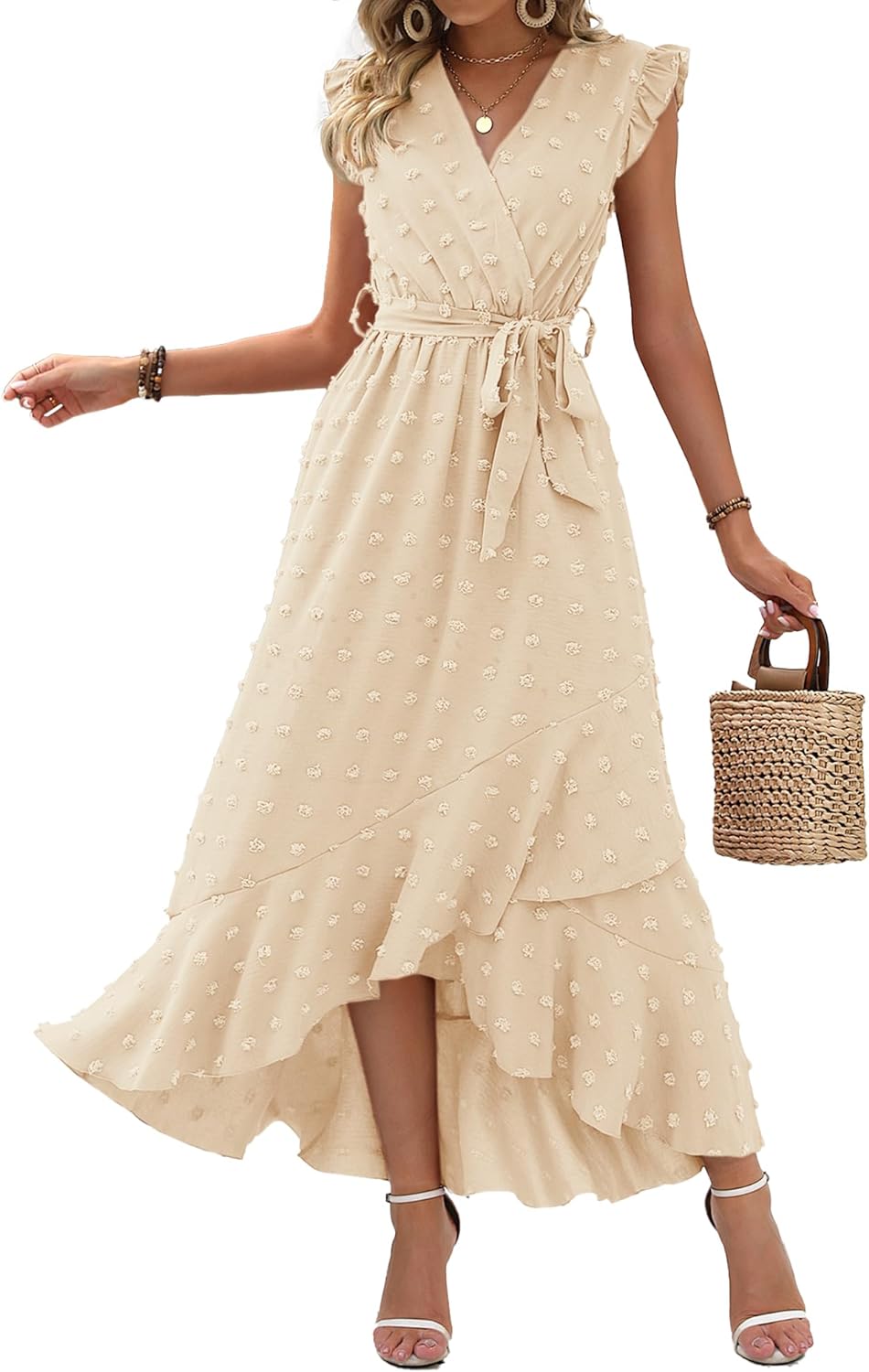 BTFBM Women' 2024 Summer Wrap V Neck Dress Ruffle Sleeve Swiss Dot Boho Ruffle Slit Beach Party Flowy Long Maxi Dresses