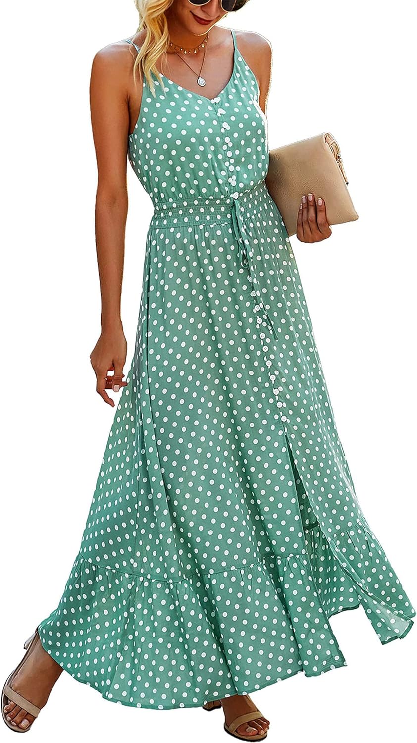 BTFBM Women 2024 Summer Spaghetti Strap V Neck Dress Polka Dot Floral Button Down Slit Sleeveless A-Line Maxi Dresses