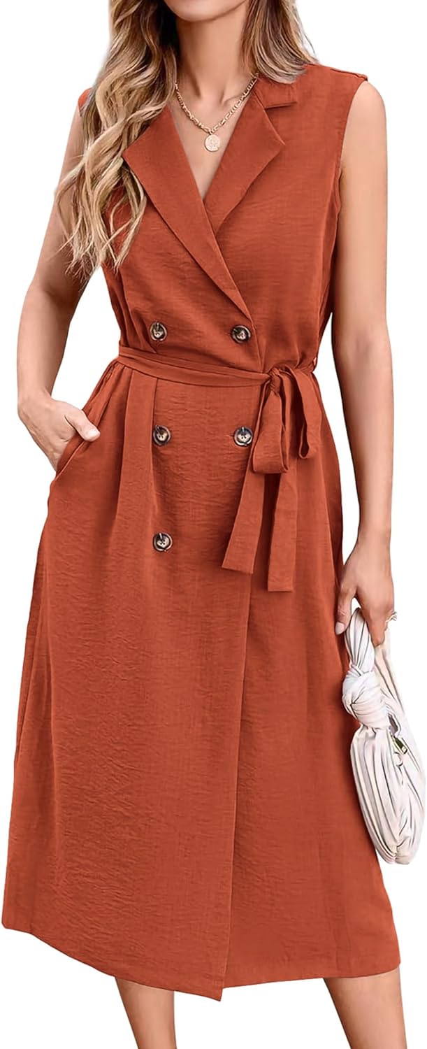 BTFBM Casual Business Dress 2024 Summer Work Office Lapel V Neck Slit Belted Sleeveless Button Down Dresses with Pockets