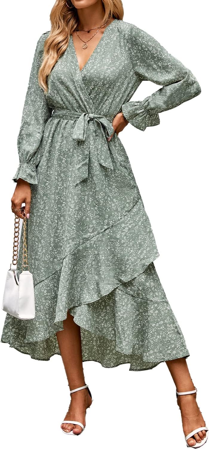 BTFBM Women Long Sleeve Wrap Maxi Dress V Neck Boho Floral High Waist Flowy Ruffle 2024 Spring Summer Dresses with Belt