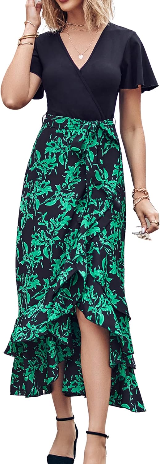 BTFBM Women Maxi Summer Dresses 2024 Short Sleeve V Neck Boho Floral Print Belted High Low Ruffle Cocktail Party Dress