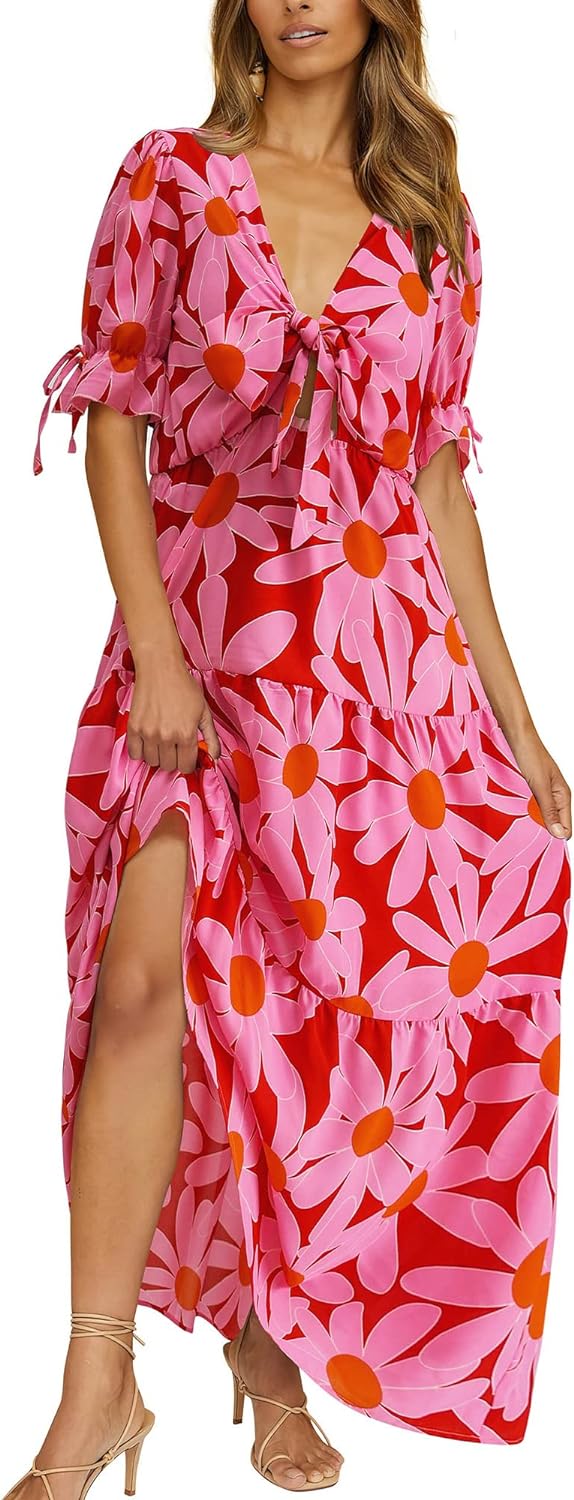 BTFBM Women' 2024 Summer Boho Dress Tie Front Deep V Neck Cutout Short Sleeve Floral Casual Party Beach Maxi Dresses