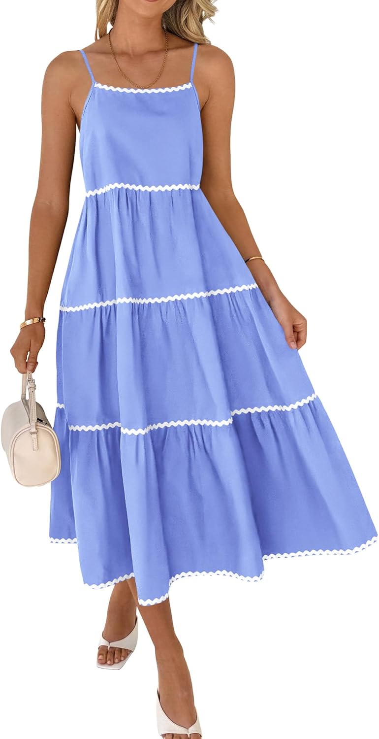 BTFBM Boho Summer Dresses 2024 Vacation Spaghetti Strap Backless RIC Rac Trim Tiered A-Line Long Casual Swing Sundress