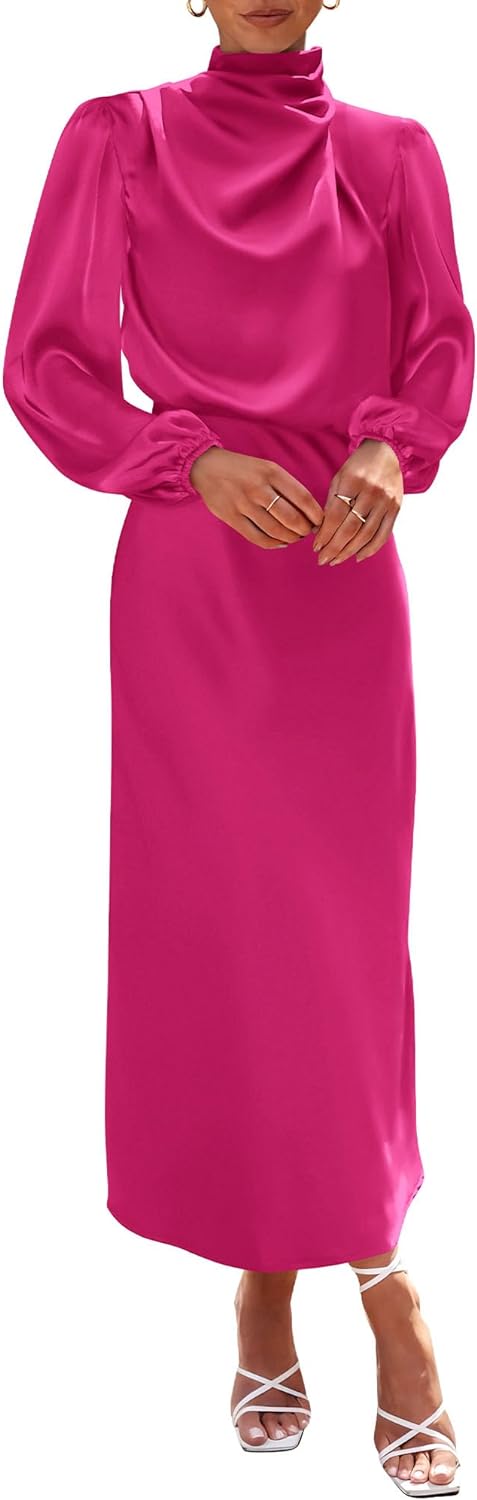 BTFBM Women' Mock Neck Satin Dress Elegant Long Sleeve Elastic High Waist Formal Wedding Cocktail Party Maxi Dresses