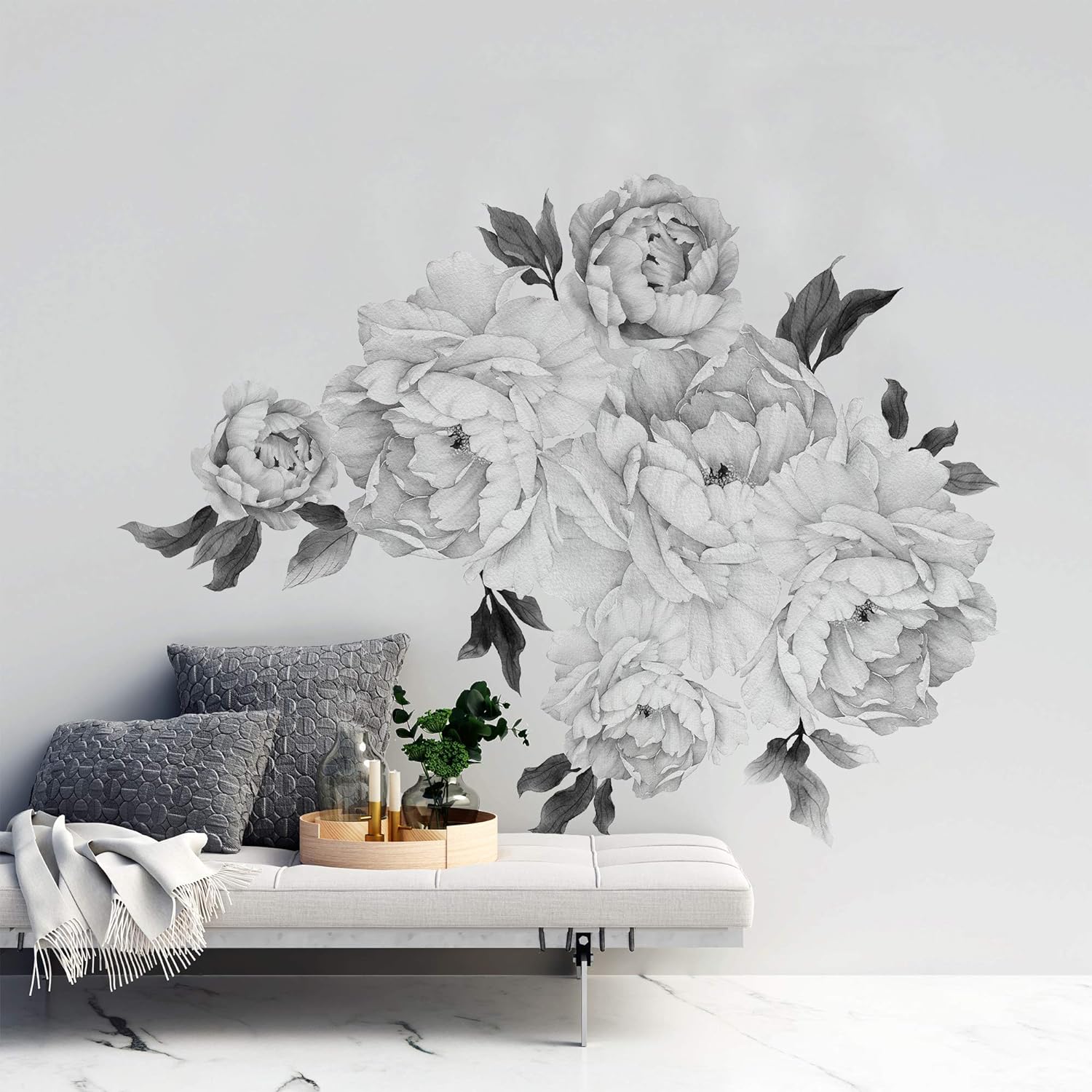 Murwall Floral Peony Wall Decal Black and White Florals Removable Peel and Stick Monochrome Flower Bouqet Wall Sticker Livingroom Entryway