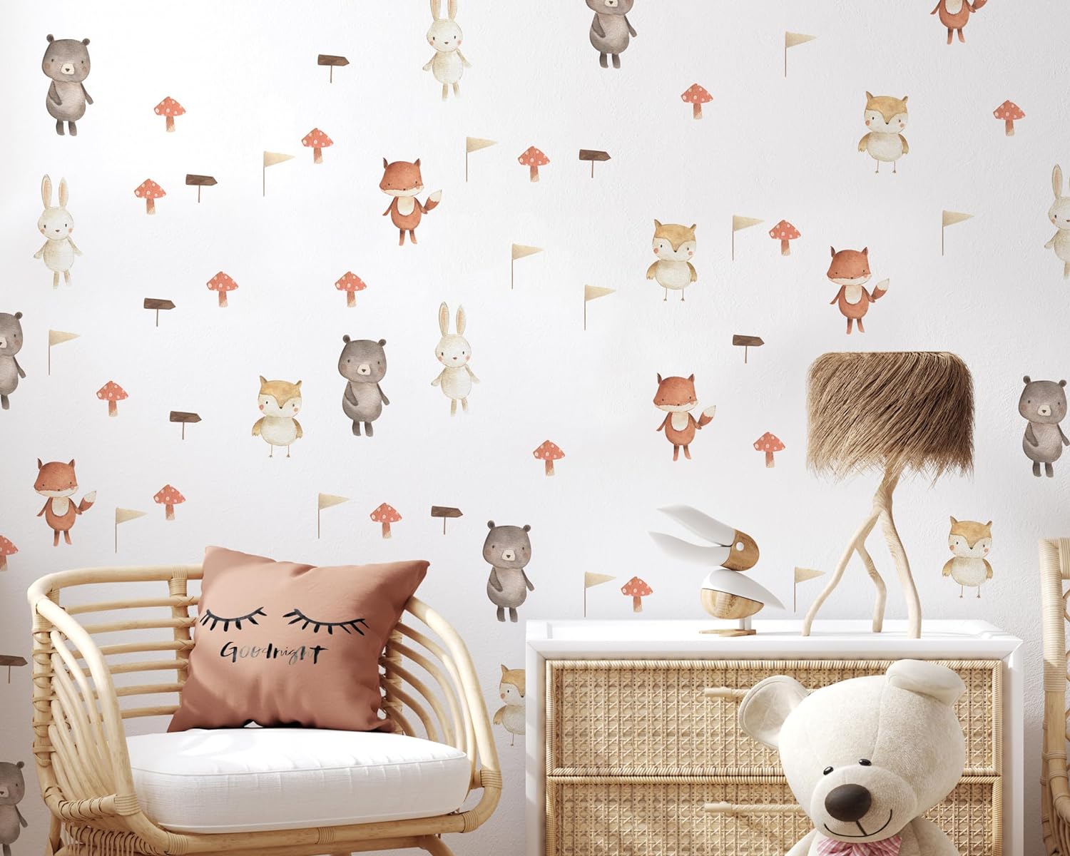 Woodland Animal Wall Decals - Fabric Wall Decal - Watercolor Forest Themed Wall Stickers for Kids Room, Nordic Nursery Decor - Peel & Stick, Removable Wall Stickers - Set of 78 Stickers