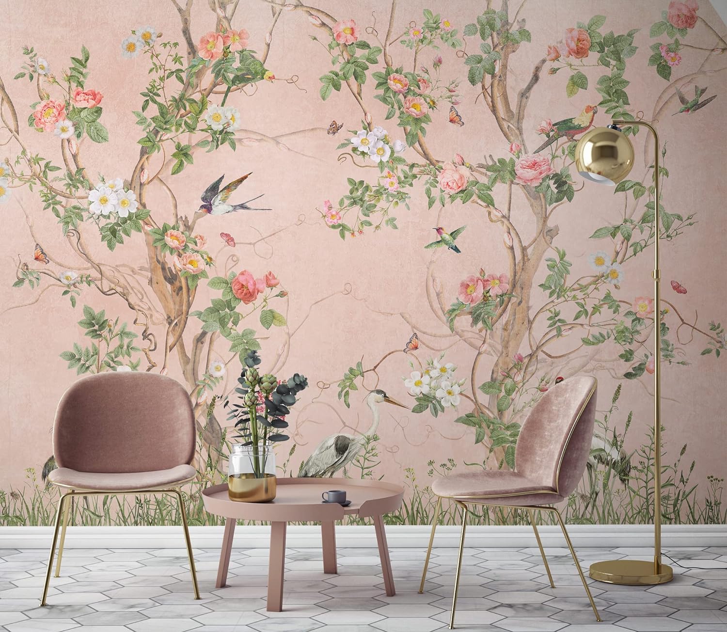 Murwall Chinoiserie Wallpaper Watercolor Peony Tree Wall Mural (STYLE3)