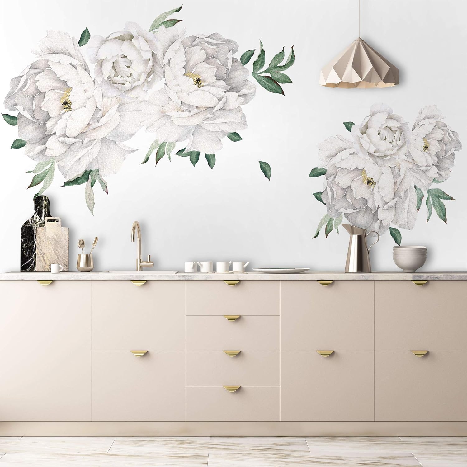 Murwall White Peony Wall Stickers Floral Decals for Bethroom Kitchen