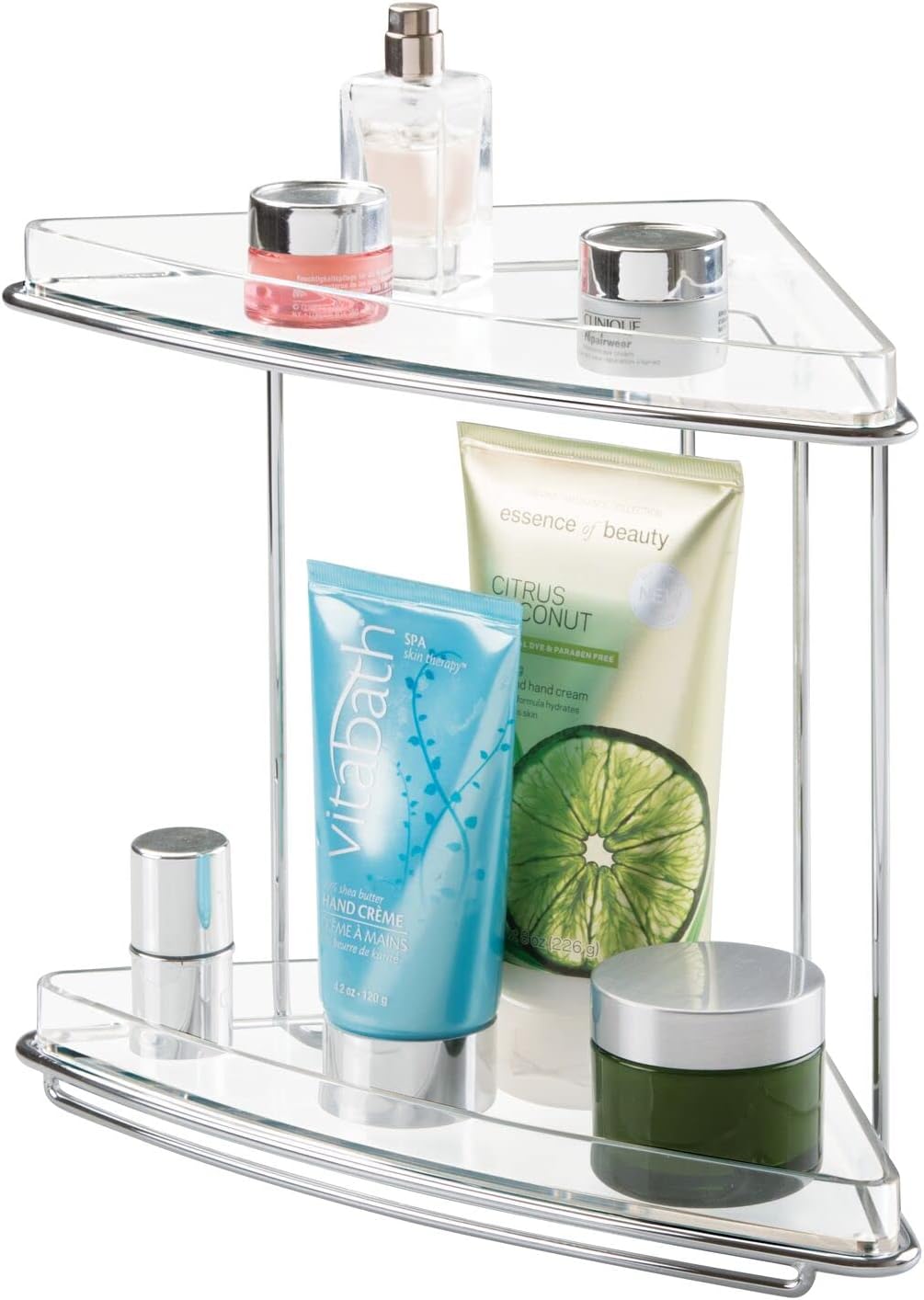 mDesign Steel/Plastic Freestanding Countertop Corner Shelf Organizer with 2-Tier Storage for Bathroom, Vanity, Cabinet, Counter - Holds Makeup, Bath Gel - Prism Collection - Clear