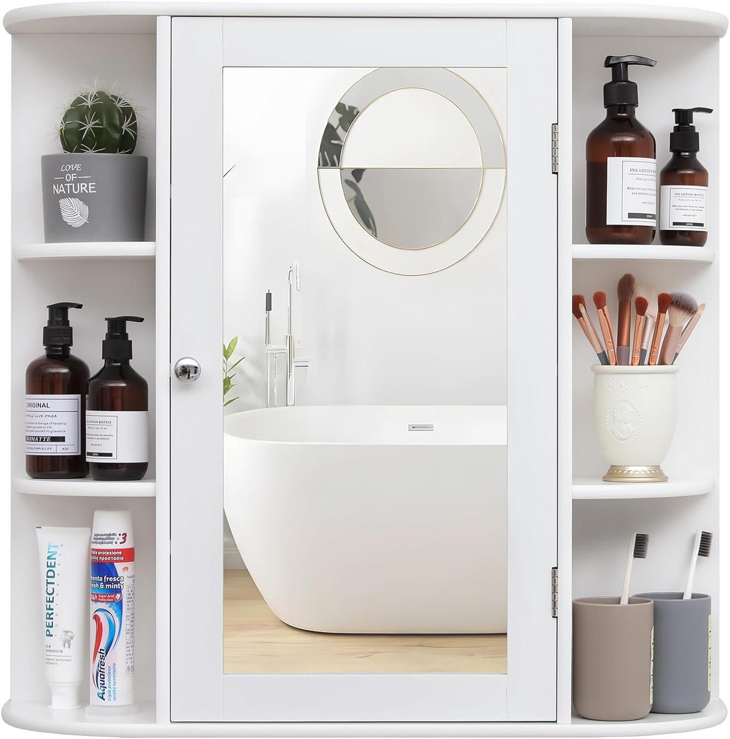 Iwell Bathroom Wall Cabinet with Mirror, Medicine Cabinet with 2 Adjustable Shelves & 6 Open Shelves, Bathroom Cabinet Wall Mounted, White