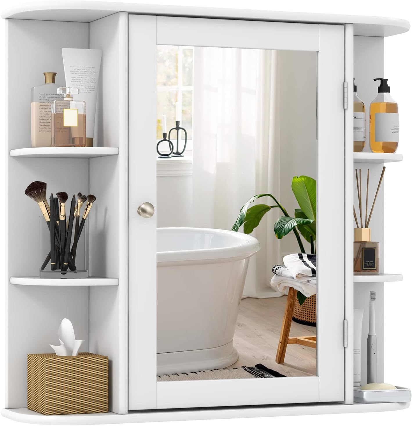 Tangkula Bathroom Medicine Cabinet with Mirror, Wall Mounted Bathroom Storage Cabinet w/Mirror Door & 6 Open Shelves, Adjustable Shelves, Mirrored Bathroom Wall Cabinet (White)