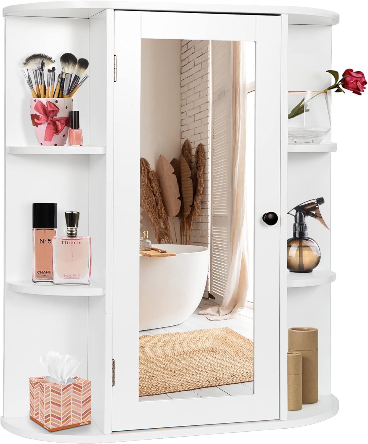 SUPER DEAL Bathroom Cabinet with Single Mirror Door Wall Mount Medicine Cabinet with Inner Adjustable Shelves Wooden Storage Organizer