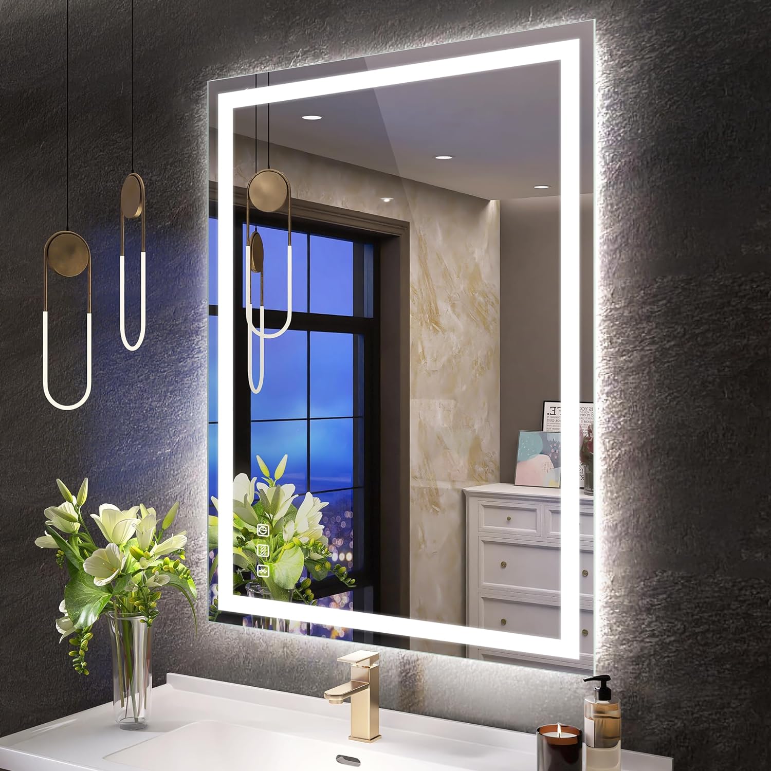 SBAGNO 32x24 LED Lighted Bathroom Mirror with Bluetooth Speaker, Wall-Mounted Illuminated Touch Mirror Anti-Fog, Dimming, 3000K/4000K/6500K, Memory Function Vanity Mirror, Vertical/Horizontal