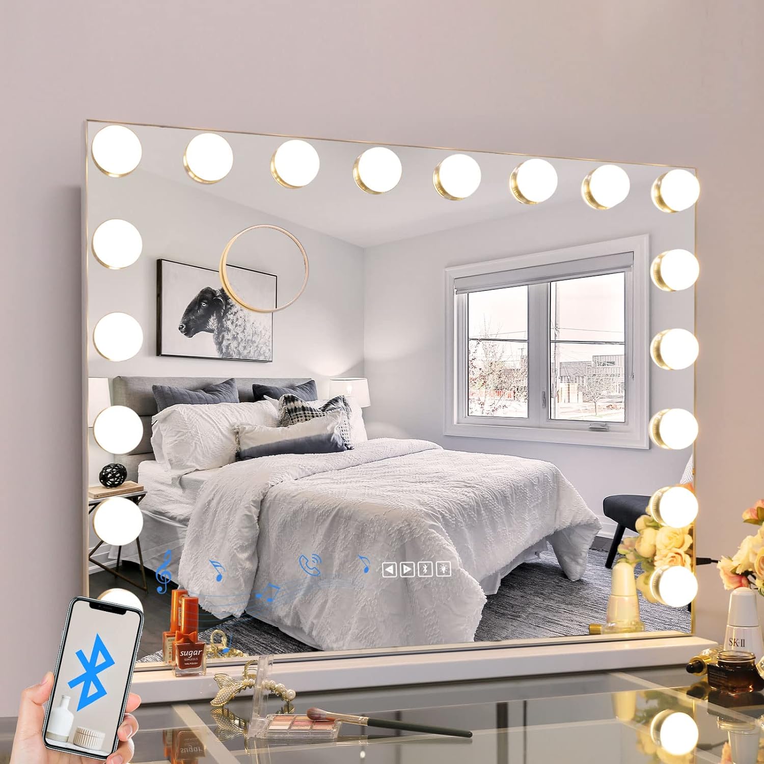 Fenair Large Vanity Mirror with Lights and Speaker 28X23Lighted Hollywood Vanity Mirror with USB Charging Port 18 Adjustable Brightness Bulbs 3 Color Mode Sturdy Metal Mirror for Table/Wall