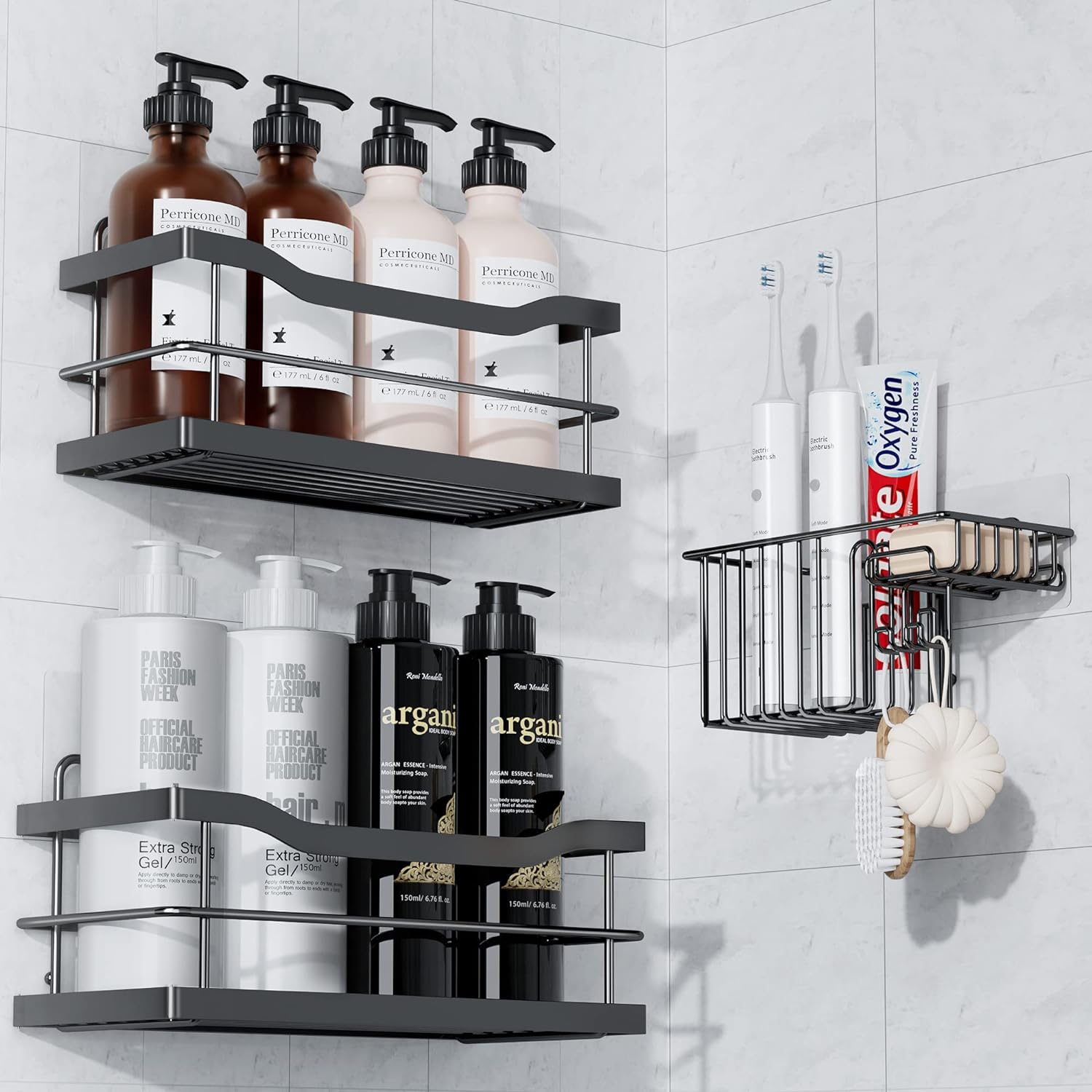 Ollieroo Shower Caddy, Self-adhesive Shower Organizer Shelves with Soap&Toothbrush Holder, Stainless Steel No Drilling Wall-mounted Shower Baskets for Bathroom, Lavatory, Kitchen, Restroom(Black)