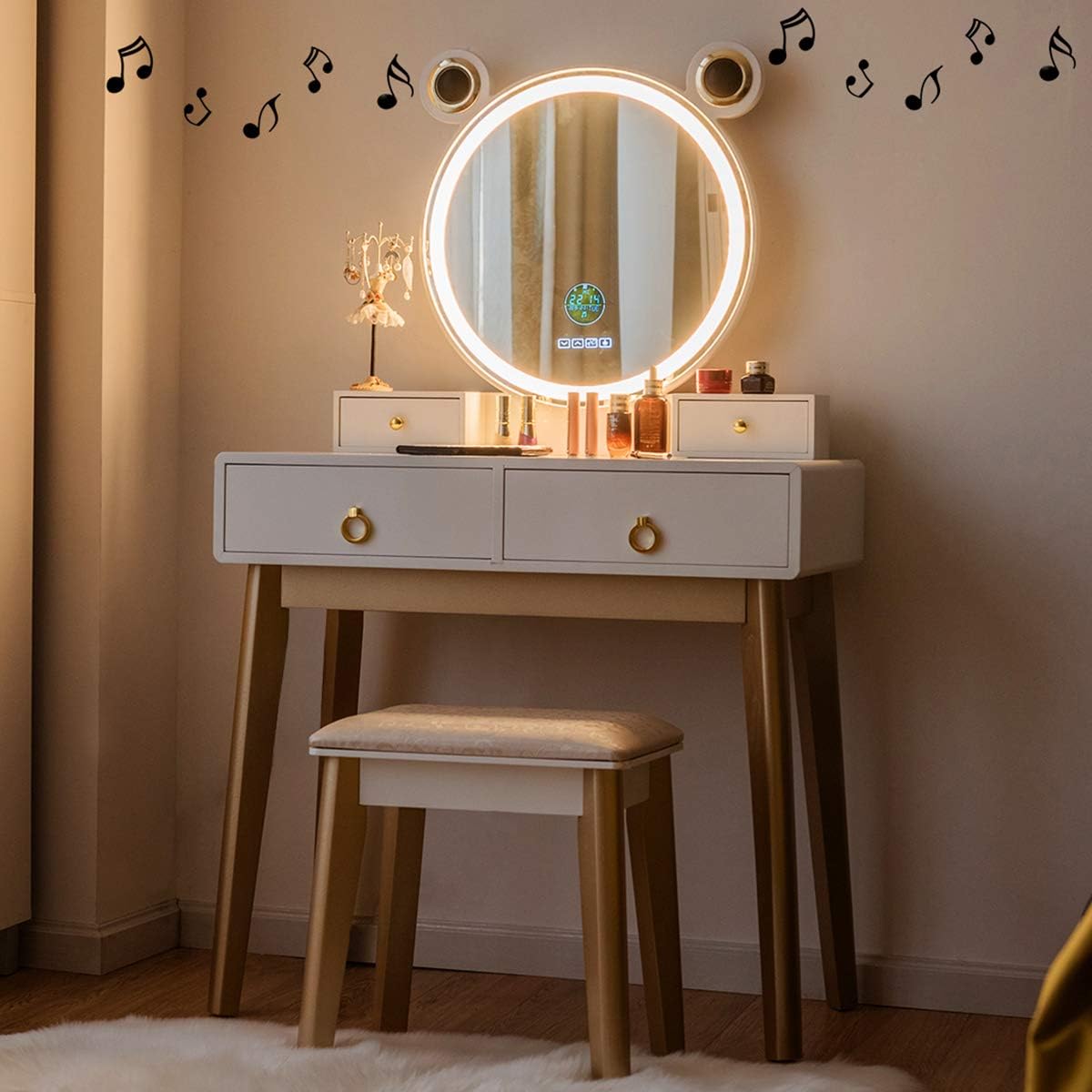 CHARMAID Vanity Set with Lighted Mirror, 3 Color Touch Screen Dimming Mirror with Display, 4 Drawers with Jewelry Organizer, Bedroom Makeup Dressing Table with Cushioned Stool